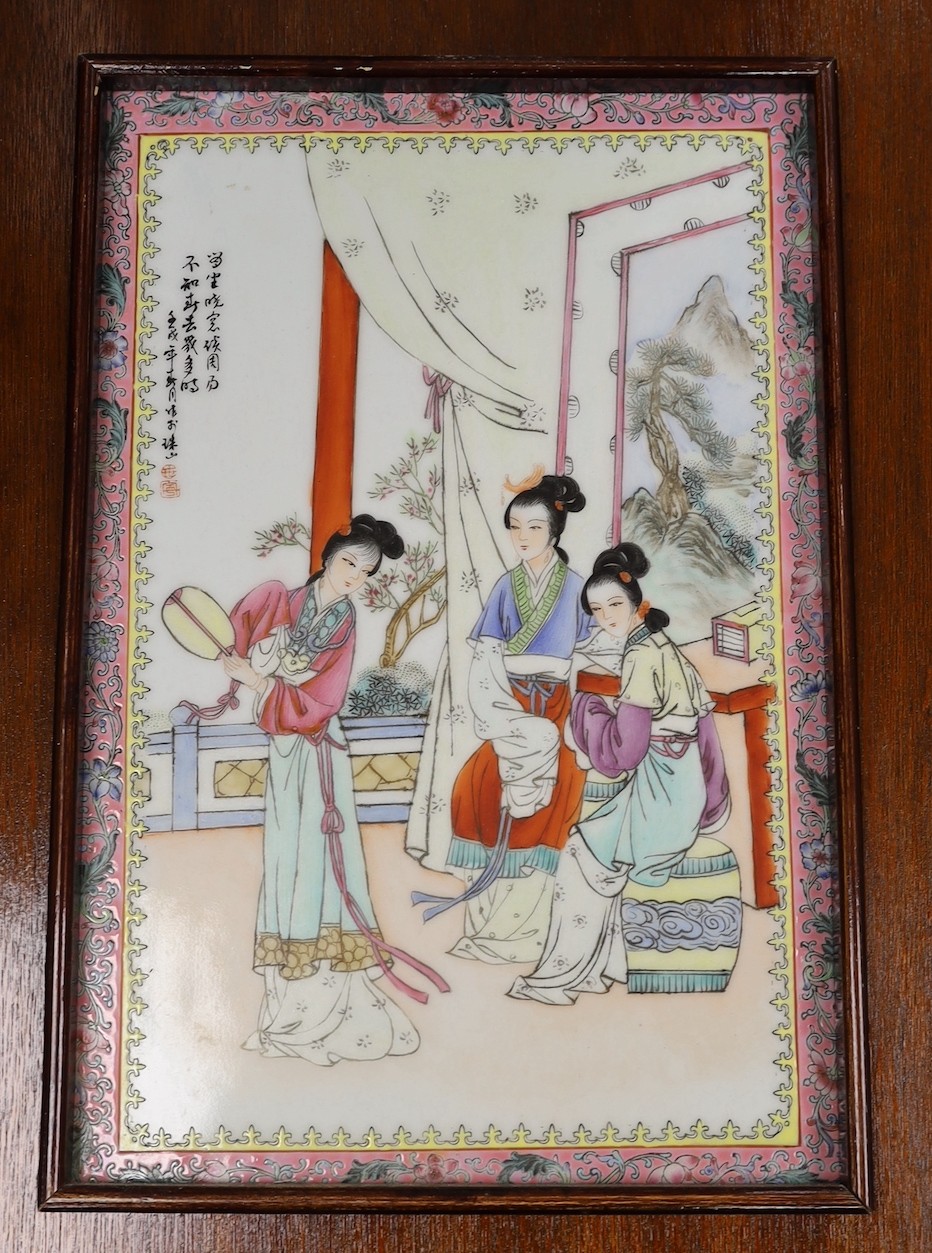 A set of four mid 20th century framed Chinese famille rose plaques, 55x38cm including frame